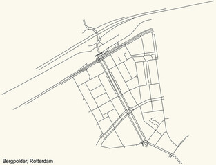 Black simple detailed street roads map on vintage beige background of the quarter Bergpolder neighbourhood of Rotterdam, Netherlands