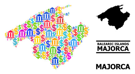Bright colored bank and dollar mosaic and solid map of Majorca. Map of Majorca vector mosaic for business campaigns and agitation. Map of Majorca is created from colorful bank and dollar items.