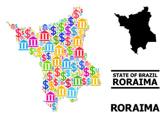 Multicolored bank and economics mosaic and solid map of Roraima State. Map of Roraima State vector mosaic for promotion campaigns and promotion.