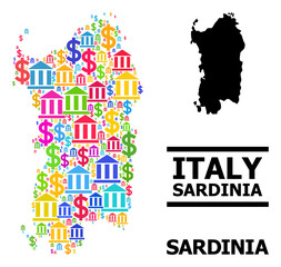 Colored bank and economics mosaic and solid map of Sardinia region. Map of Sardinia region vector mosaic for GDP campaigns and posters.
