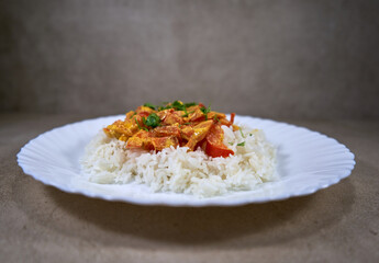 Lunch plate with rice and baked vegetables