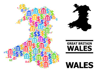 Multicolored bank and dollar mosaic and solid map of Wales. Map of Wales vector mosaic for ads campaigns and agitation. Map of Wales is composed with colored bank and dollar icons.