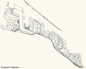 Black simple detailed street roads map on vintage beige background of the quarter Europoort district of Rotterdam, Netherlands