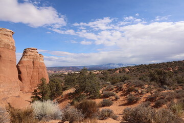 Moab landscape in the winter, snow in the background  