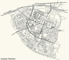 Fototapeta na wymiar Black simple detailed street roads map on vintage beige background of the quarter Hoogvliet district of Rotterdam, Netherlands