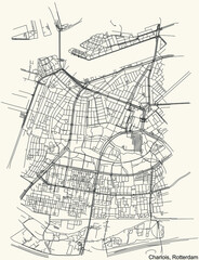 Black simple detailed street roads map on vintage beige background of the Charlois quarter district of Rotterdam, Netherlands
