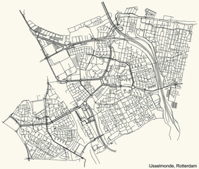 Black simple detailed street roads map on vintage beige background of the quarter IJsselmonde district of Rotterdam, Netherlands