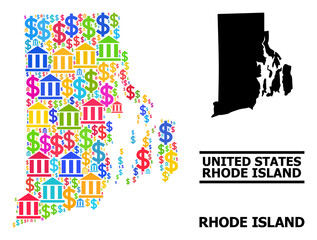 Bright colored financial and business mosaic and solid map of Rhode Island State. Map of Rhode Island State vector mosaic for business campaigns and posters.