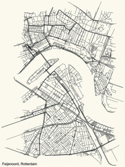 Black simple detailed street roads map on vintage beige background of the quarter Feijenoord quarter district of Rotterdam, Netherlands - obrazy, fototapety, plakaty