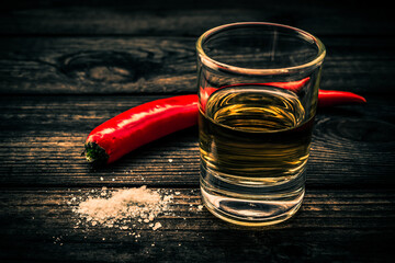 Glass of tequila with cayenne pepper and salt on an old wooden table. Close up view