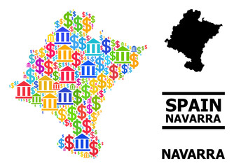Bright colored bank and money mosaic and solid map of Navarra Province. Map of Navarra Province vector mosaic for promotion campaigns and propaganda.