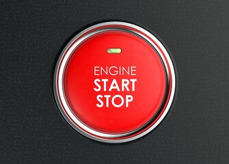 Engine start stop button. Car dashboard element. Luxury car is a new technology used of starting the engine. Red button to start the engine with inscription start, stop. 3D illustration.