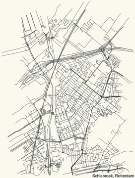 Black simple detailed street roads map on vintage beige background of the Schiebroek quarter district of Rotterdam, Netherlands