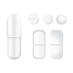 Set of realistic medical white pills on an isolated white background. Capsule, round tablet, oval tablet. Medical and healthcare concept. Can be used in design, like mockup, printing.