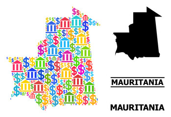 Colored bank and business mosaic and solid map of Mauritania. Map of Mauritania vector mosaic for geographic campaigns and agitation. Map of Mauritania is created with colored dollar and bank parts.