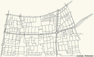 Black simple detailed street roads map on vintage beige background of the quarter Zuidwijk neighbourhood of Rotterdam, Netherlands