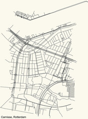 Black simple detailed street roads map on vintage beige background of the Carnisse quarter neighbourhood of Rotterdam, Netherlands