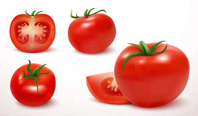 Realistic red tomato in 3d style. Fresh ripe whole and cut tomatoes isolated on white background. Close-up juicy vegetables. Ketchup ingredient. Element foryour design. Vector illustration. - obrazy, fototapety, plakaty