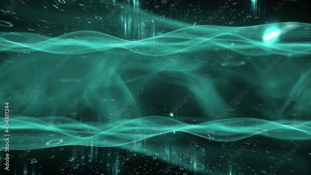 Aufkleber digital computer network with waves and binary data motion dark and green background.
