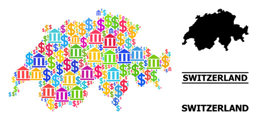 Colorful bank and dollar mosaic and solid map of Switzerland. Map of Switzerland vector mosaic for ads campaigns and proclamations. Map of Switzerland is created from colorful dollar and bank icons.