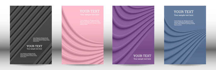 Cover designs set. Background with abstract volumetric gradient of linear waves, fabric folds for creating a trendy banner, poster