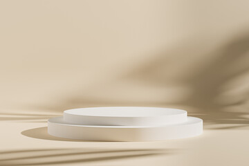 Cylinder podium or pedestal for products or advertising on beige background with leaves shadows, minimal 3d illustration render