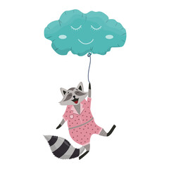 Cute raccoon fly in balloon in shape of cloud. Joyful pet character flies. Smilling raccoon in pajamas. First pet for children. Cute vector cartoon illustration on white background