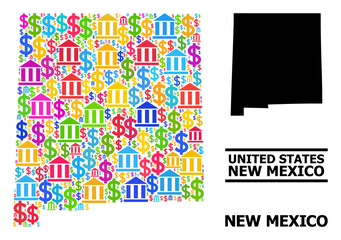 Bright colored bank and dollar mosaic and solid map of New Mexico State. Map of New Mexico State vector mosaic for GDP campaigns and purposes.