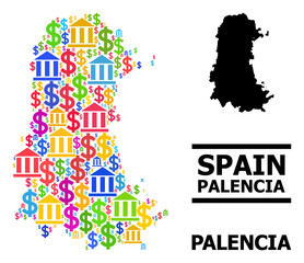 Obraz premium Colored bank and economics mosaic and solid map of Palencia Province. Map of Palencia Province vector mosaic for geographic campaigns and projects.