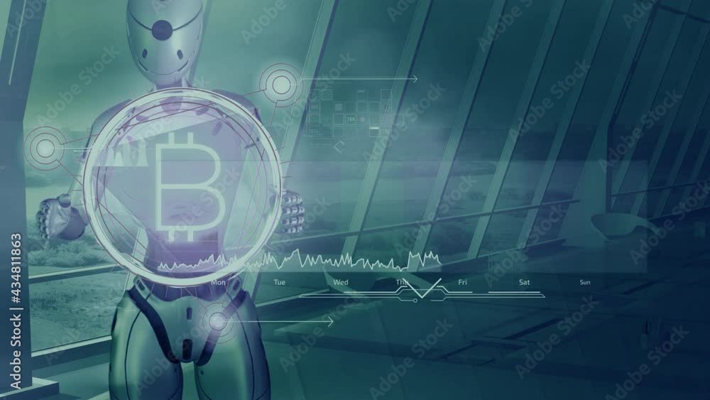 Poster animation about bitcoin trading with a robot.