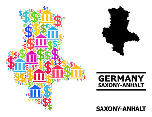 Bright colored bank and commerce mosaic and solid map of Saxony-Anhalt State. Map of Saxony-Anhalt State vector mosaic for business campaigns and propaganda.