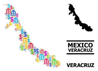 Multicolored bank and business mosaic and solid map of Veracruz State. Map of Veracruz State vector mosaic for promotion campaigns and promotion.