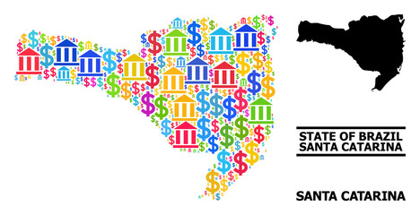 Obraz premium Multicolored bank and money mosaic and solid map of Santa Catarina State. Map of Santa Catarina State vector mosaic for advertisement campaigns and agitprop.