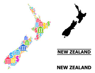 Bright colored financial and dollar mosaic and solid map of New Zealand. Map of New Zealand vector mosaic for advertisement campaigns and proclamations.