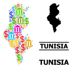 Colorful bank and dollar mosaic and solid map of Tunisia. Map of Tunisia vector mosaic for GDP campaigns and promotion. Map of Tunisia is created from multicolored dollar and bank parts.