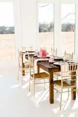 Wedding reception table. Light and airy wedding. Pink wedding. Gold wedding. Wedding table setting.