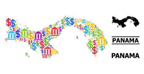 Multicolored bank and dollar mosaic and solid map of Panama. Map of Panama vector mosaic for promotion campaigns and posters. Map of Panama is designed with bright colored dollar and bank particles.