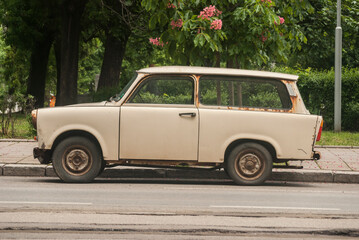 Old vintage abandoned neglected Trabant car closeup