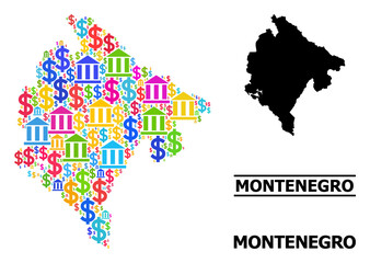 Multicolored bank and dollar mosaic and solid map of Montenegro. Map of Montenegro vector mosaic for geographic campaigns and purposes.