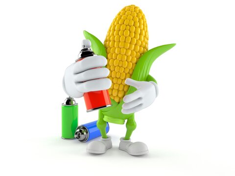 Corn character with spray cans