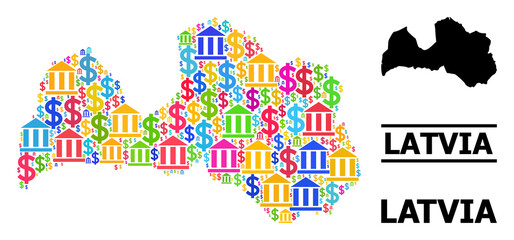 Obraz premium Colored financial and dollar mosaic and solid map of Latvia. Map of Latvia vector mosaic for promotion campaigns and agitation. Map of Latvia is designed from bright colored bank and dollar ojects.