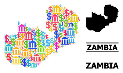Fototapeta premium Colored banking and commerce mosaic and solid map of Zambia. Map of Zambia vector mosaic for promotion campaigns and promotion. Map of Zambia is created from colored bank and dollar symbols.