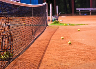 Fototapeta premium Tennis Court. Grid on court for playing big tennis. Net. earthen court, tennis balls