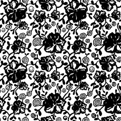 Monochrome floral seamless pattern with petunia. Black flowers and leaves on white background. Hand drawn vector illustration. Vintage floral print