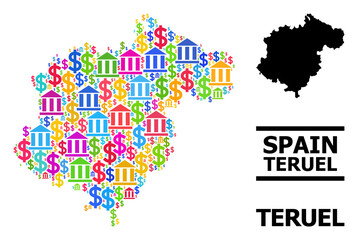 Obraz premium Colorful bank and dollar mosaic and solid map of Teruel Province. Map of Teruel Province vector mosaic for geographic campaigns and doctrines.