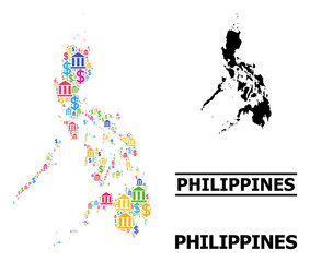 Multicolored finance and business mosaic and solid map of Philippines. Map of Philippines vector mosaic for business campaigns and applications.