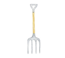 Watercolor Gardening tools, fork isolated on white background. Garden tool Hand painted illustration. Gardener instrument