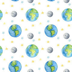 Planets of the solar system Seamless pattern. Outer Space planet Mercury Venus Earth Mars Jupiter Saturn Uranus Neptune Pluto with Sun. Watercolor kids fabric design, wrapping paper, background