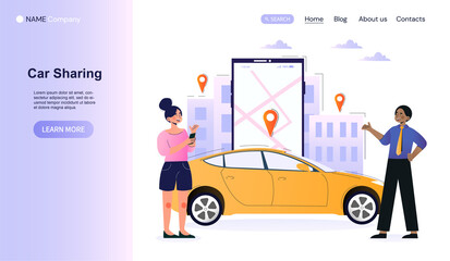 Male and female characters are using car sharing application on smartphone