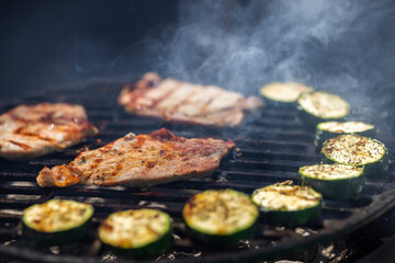 pork and zucchini, garden grill with charcoal